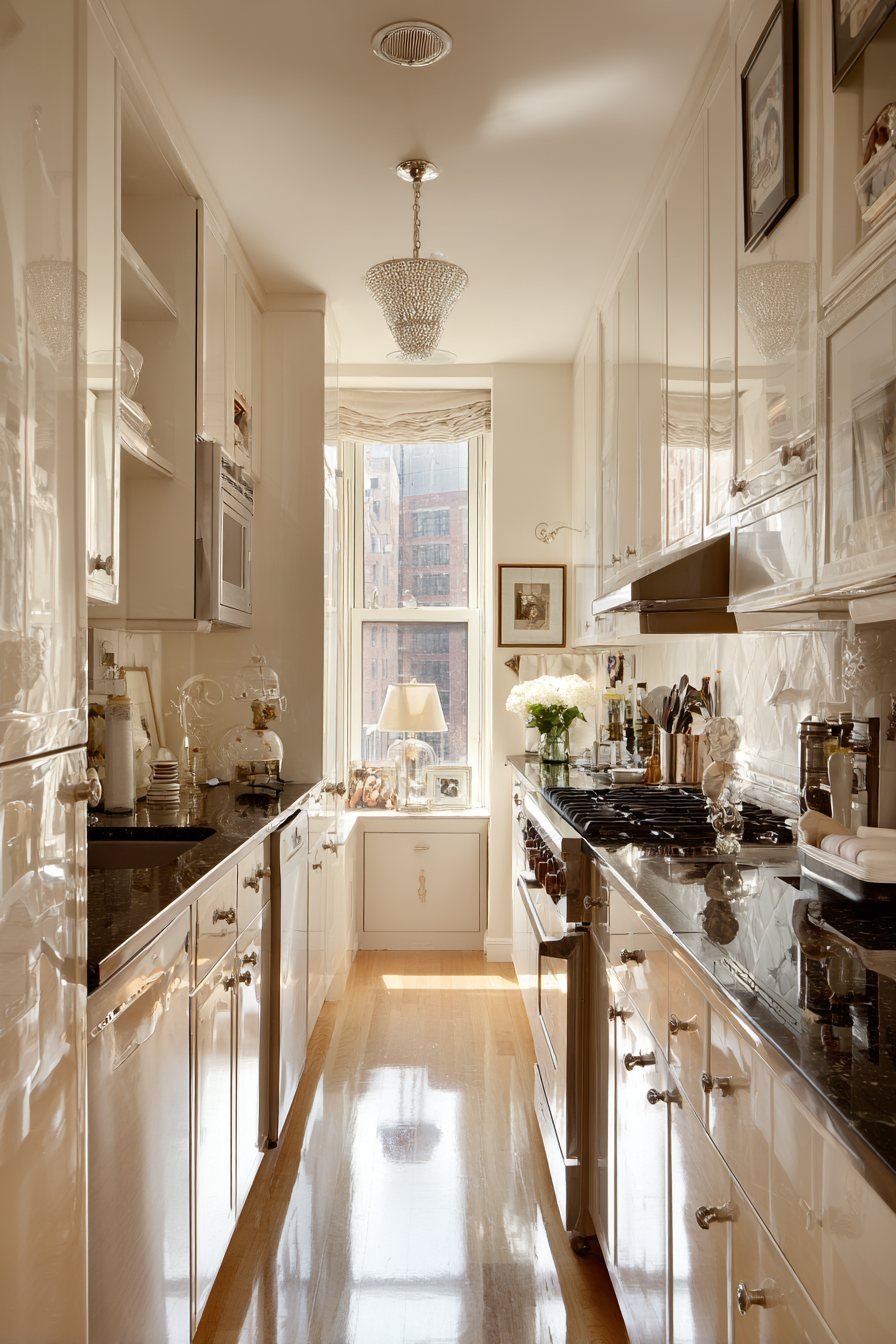 Galley Kitchen with Mirrored Cabinets