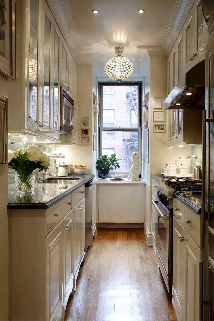 Galley Kitchen with Mirrored Cabinets