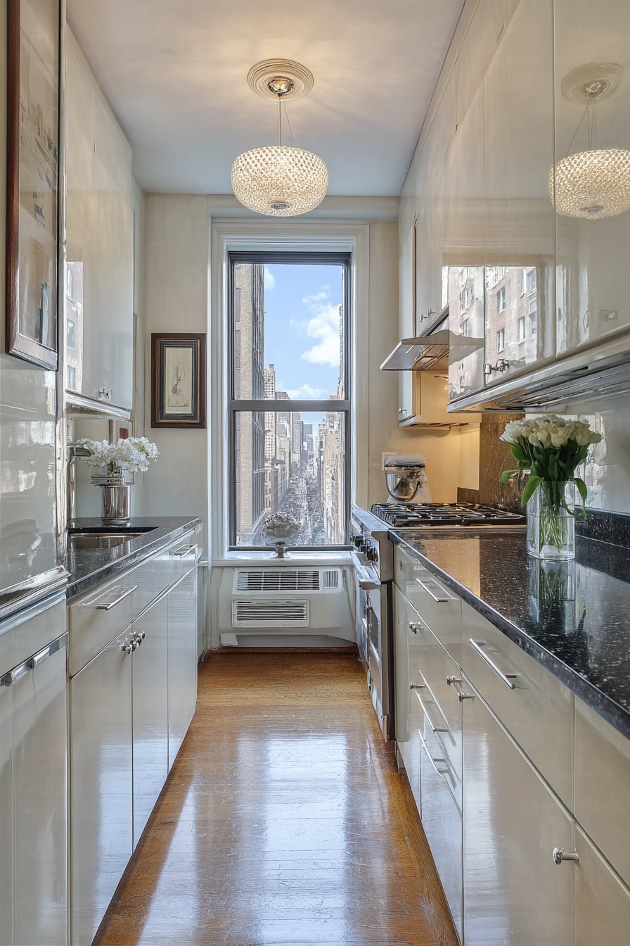 Galley Kitchen with Mirrored Cabinets