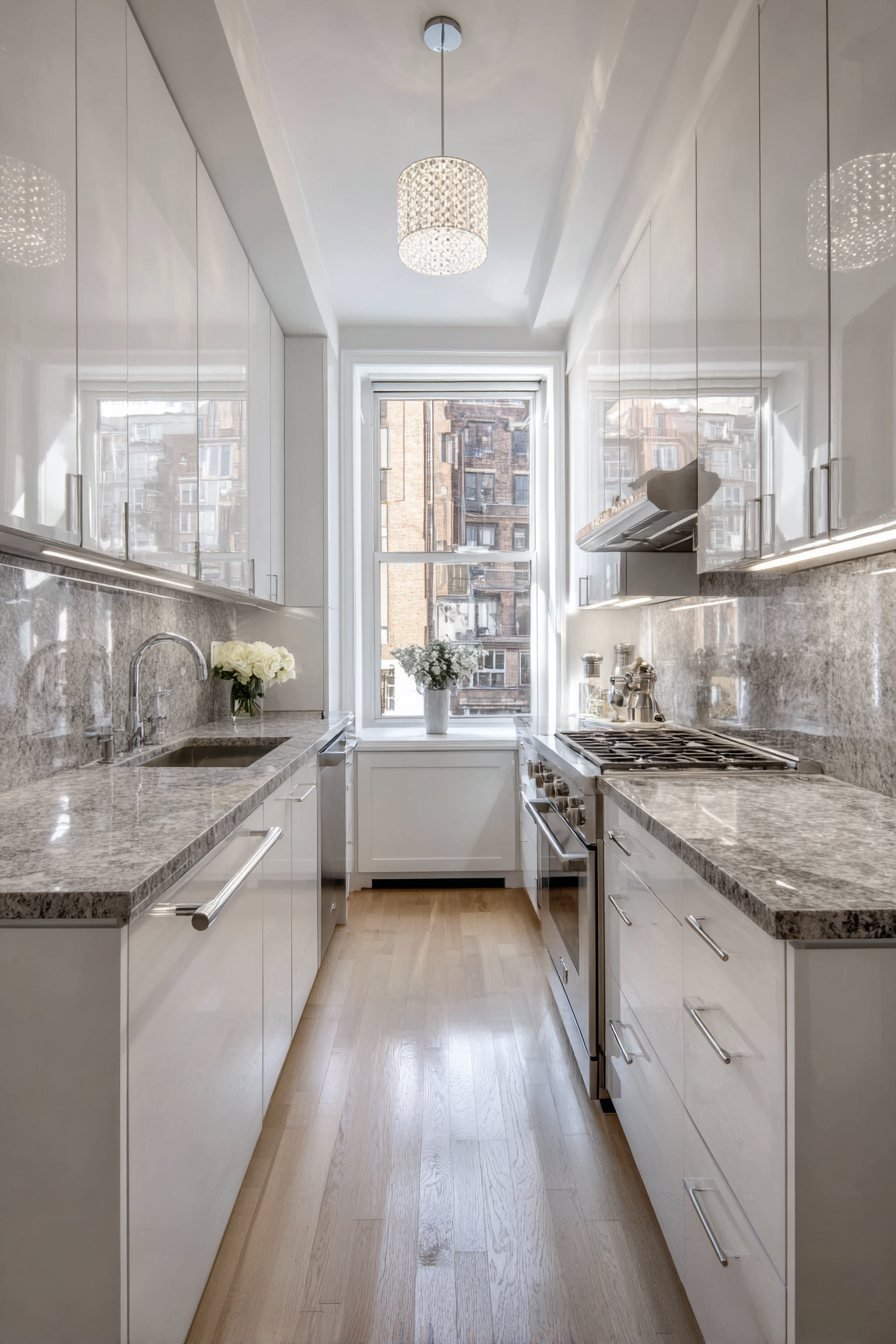 Galley Kitchen with Mirrored Cabinets