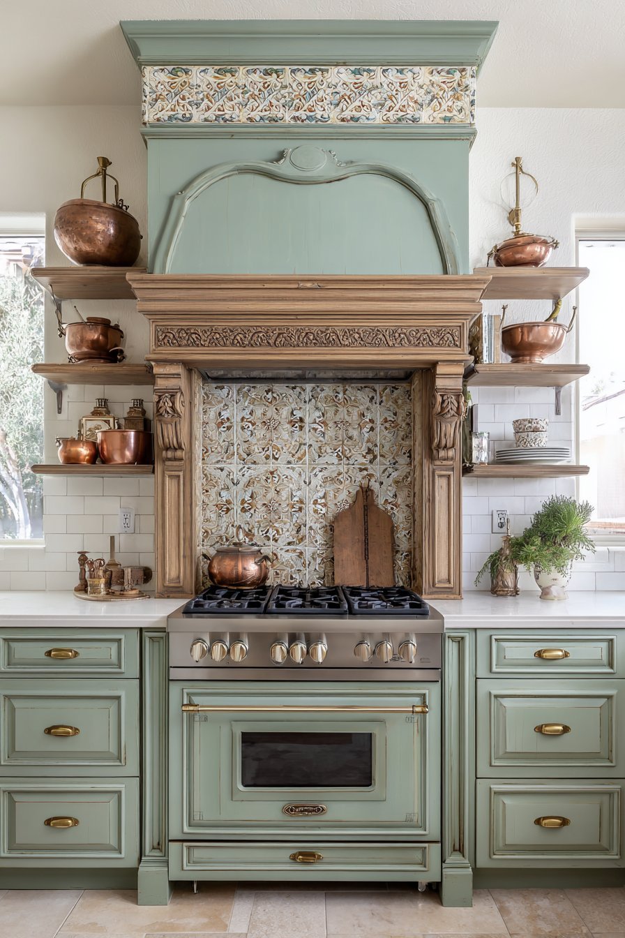 Traditional Range Wall with Custom Wood Hood
