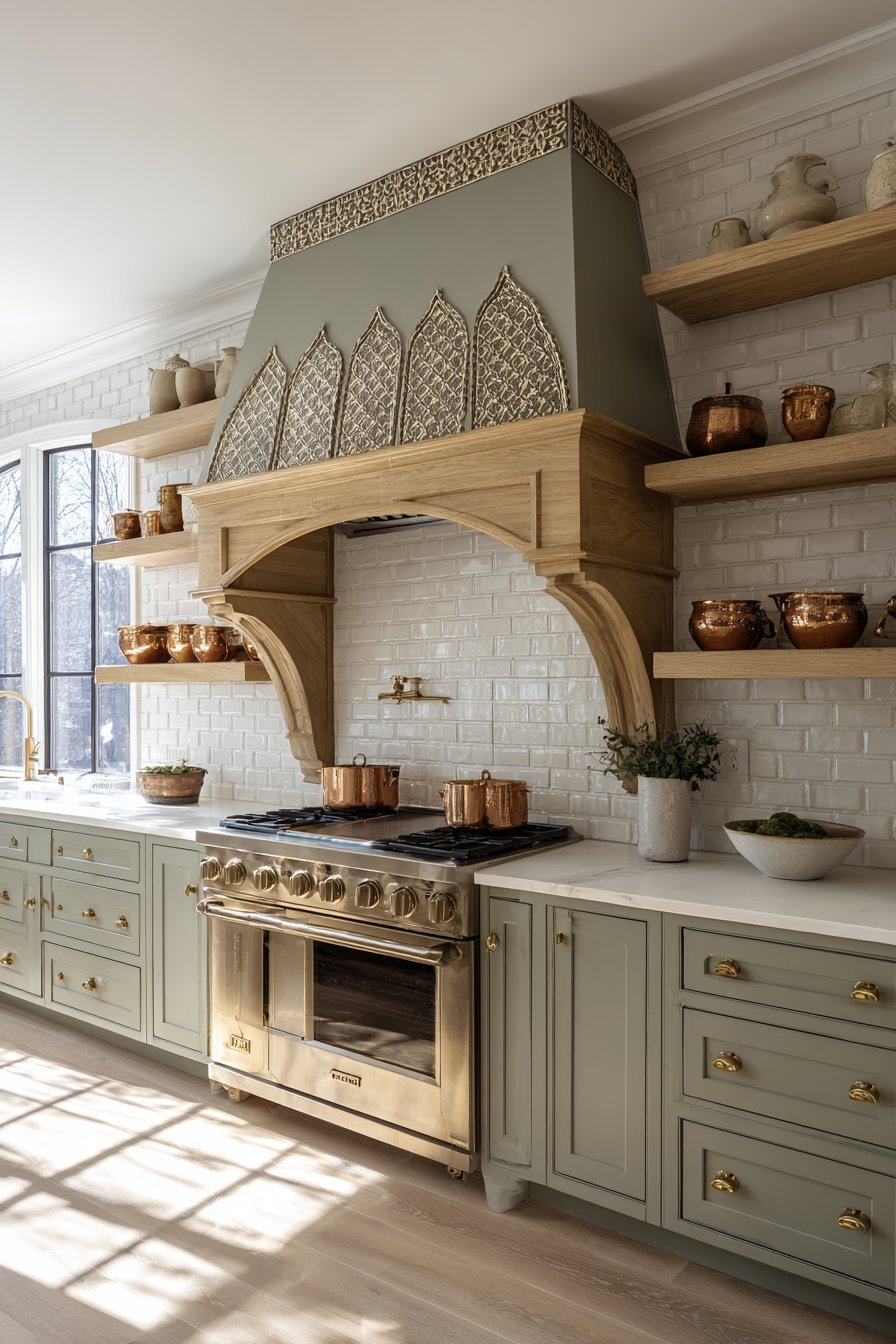 Traditional Range Wall with Custom Wood Hood