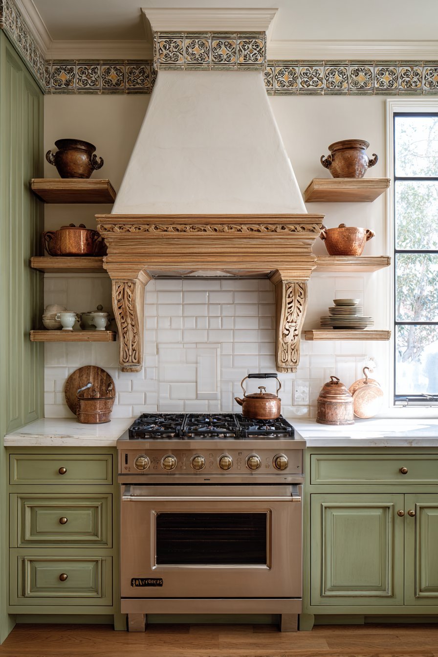 Traditional Range Wall with Custom Wood Hood