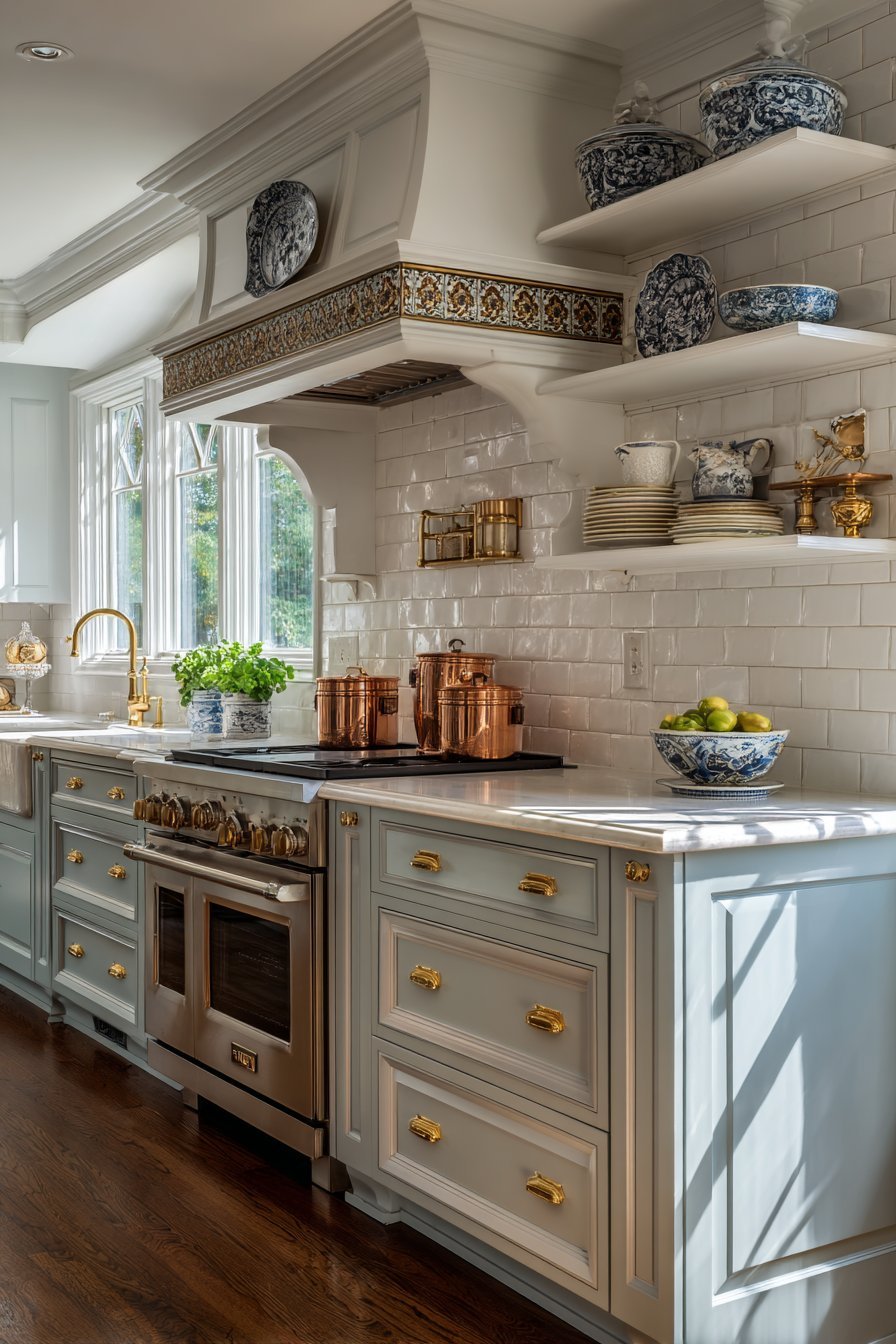 Traditional Range Wall with Custom Wood Hood