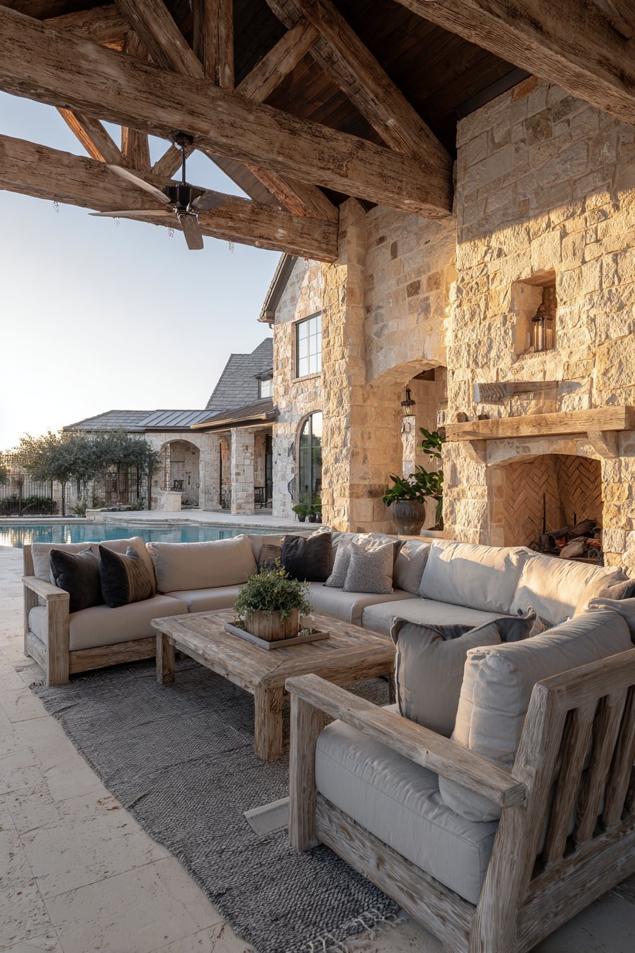 Covered Pavilion with Stone Fireplace Living Room
