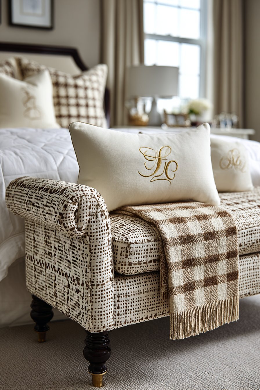 Classic Upholstered Bench with Houndstooth Fabric