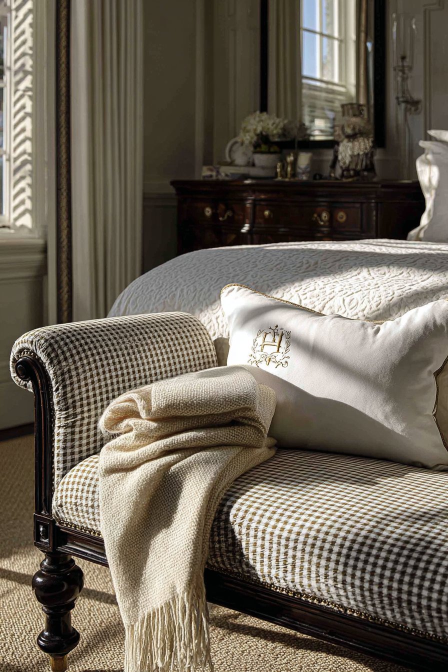 Classic Upholstered Bench with Houndstooth Fabric