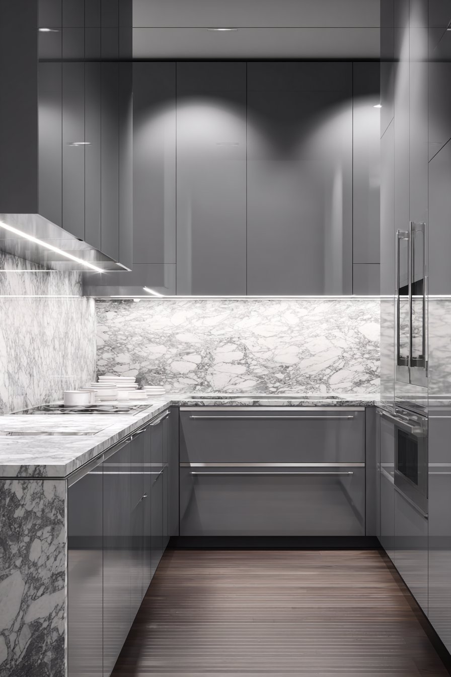 Contemporary High-Gloss Grey Kitchen