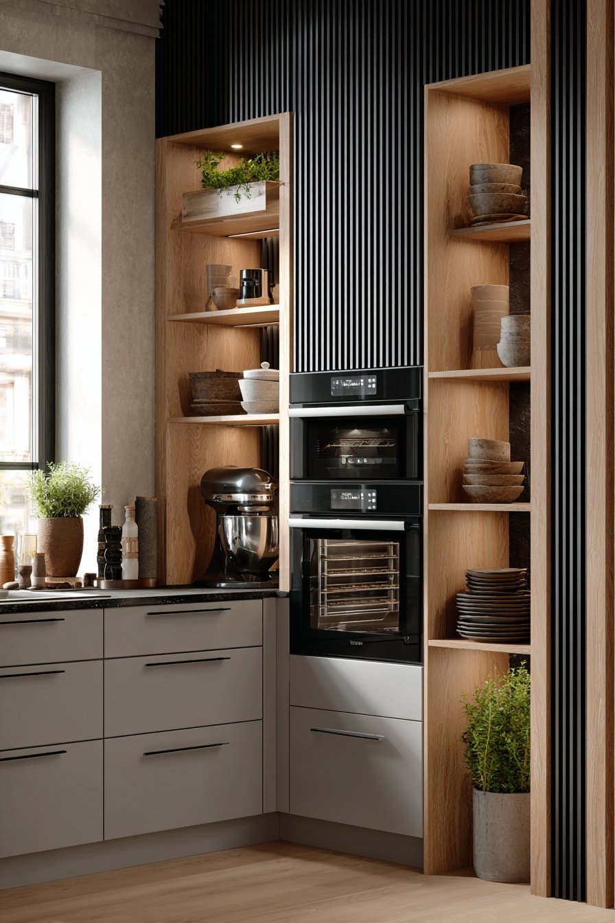 Dramatic Black Wall with Oak Shelving Contrast