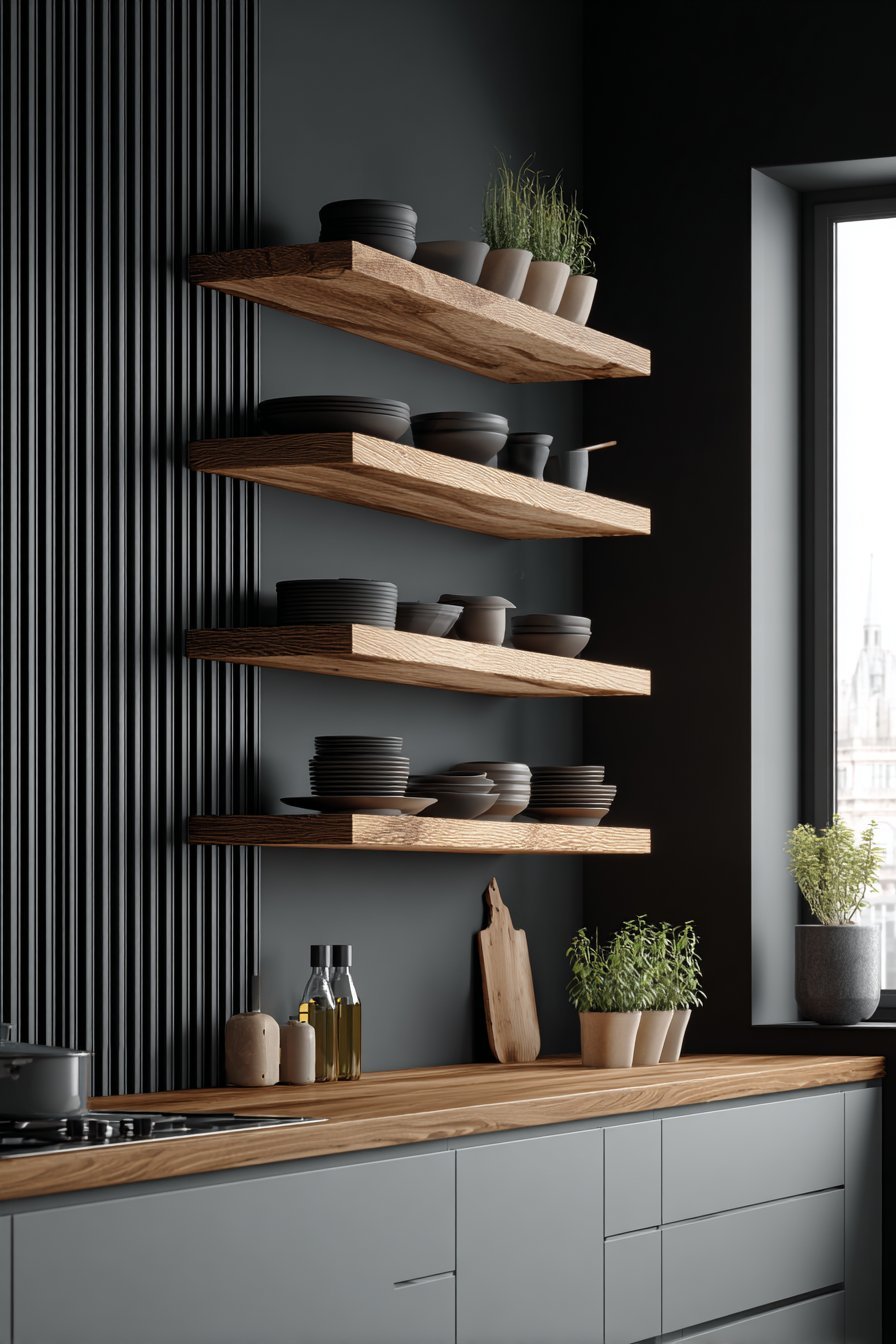 Dramatic Black Wall with Oak Shelving Contrast