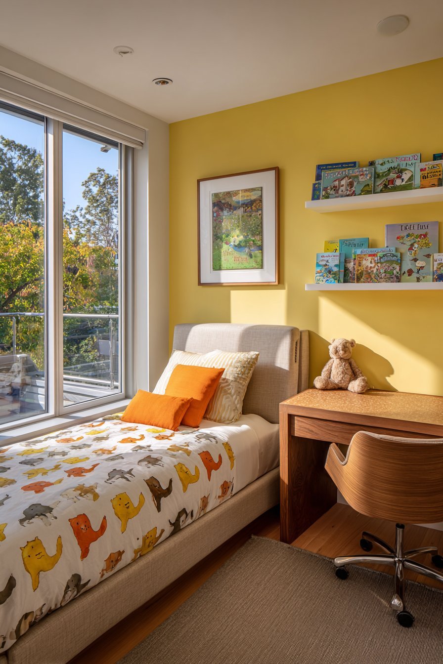 Vibrant Yellow Feature Wall with Functional Desk