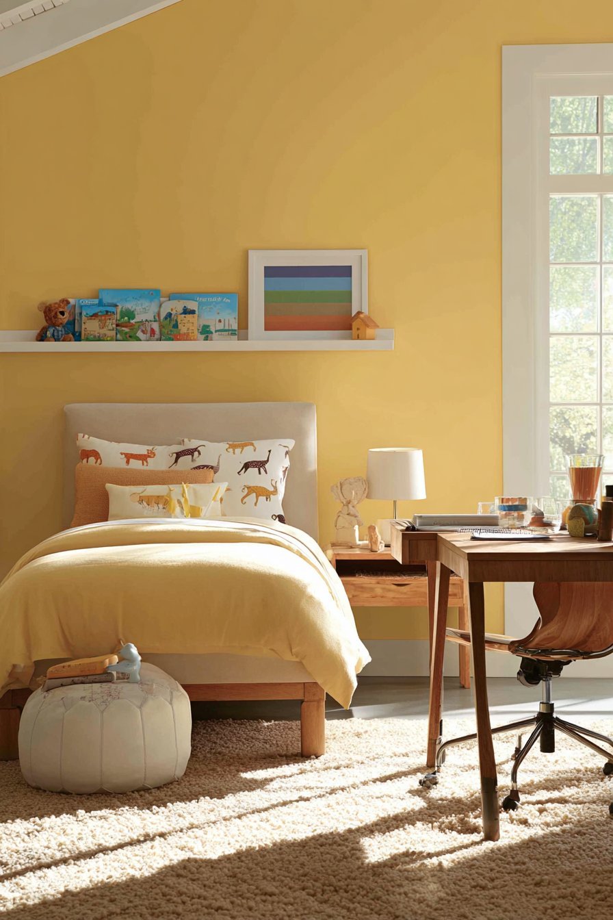 Vibrant Yellow Feature Wall with Functional Desk