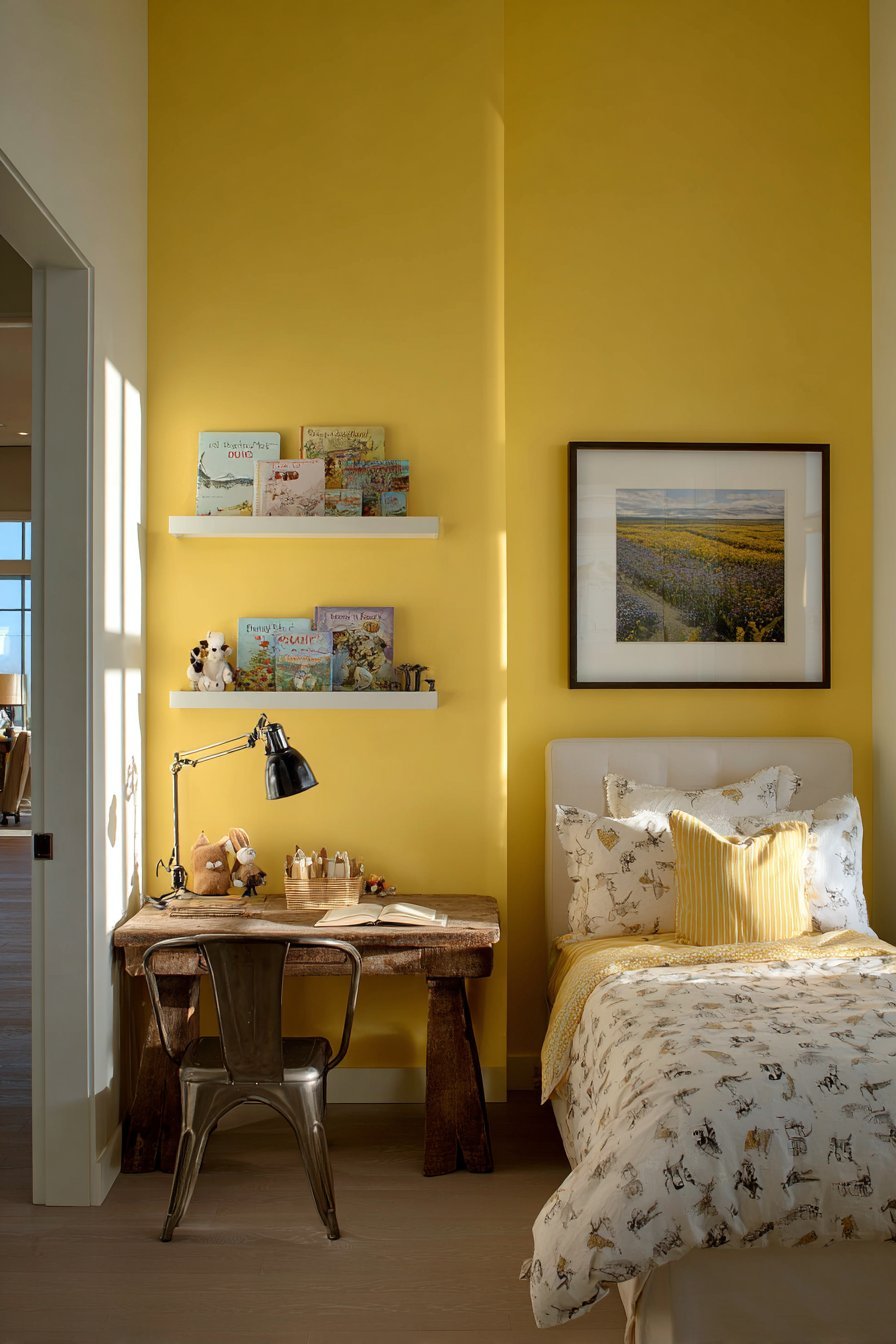 Vibrant Yellow Feature Wall with Functional Desk