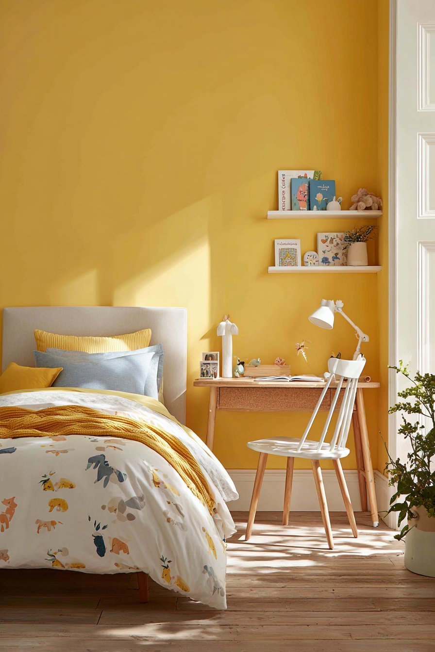 Vibrant Yellow Feature Wall with Functional Desk