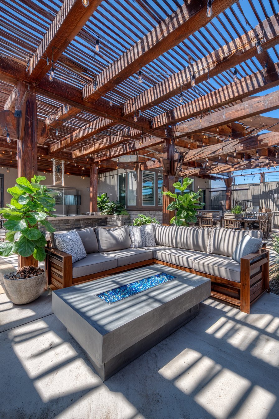 Dark Timber Pergola with Fire Table