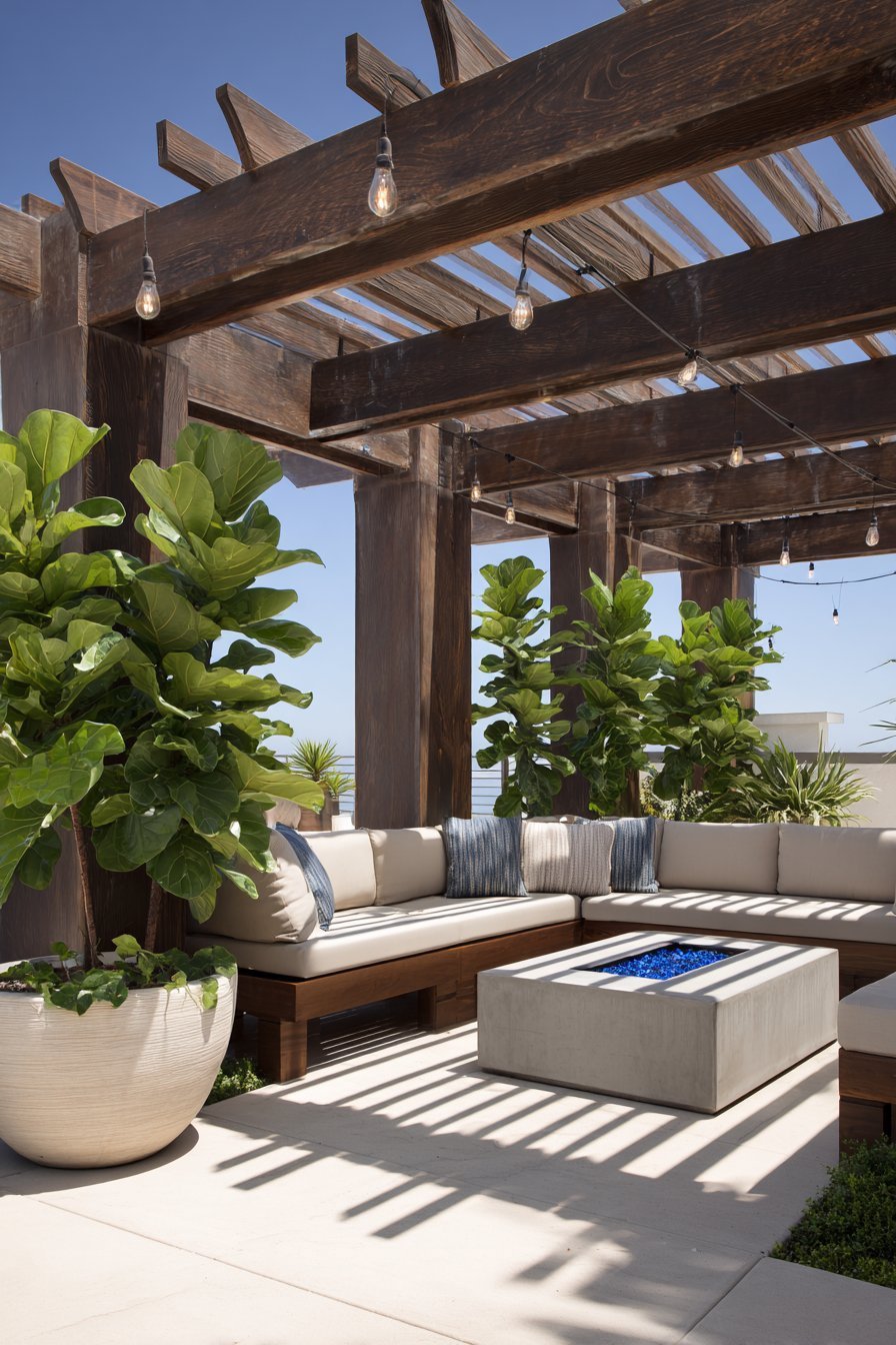 Dark Timber Pergola with Fire Table