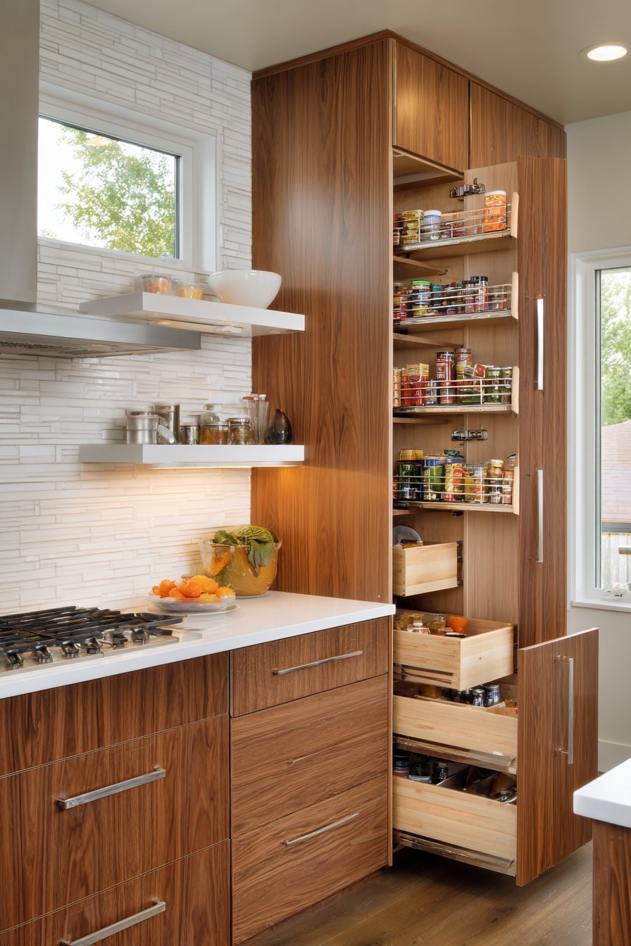 Floor-to-Ceiling Pantry with Walnut Cabinets