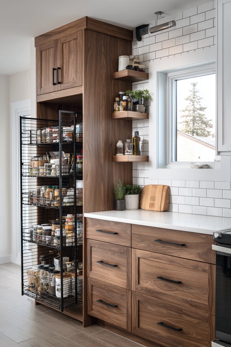 Floor-to-Ceiling Pantry with Walnut Cabinets