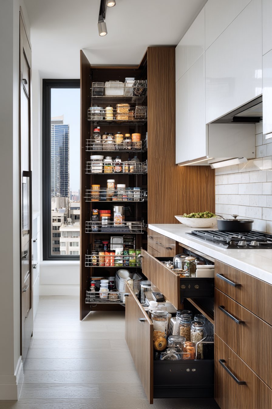 Floor-to-Ceiling Pantry with Walnut Cabinets