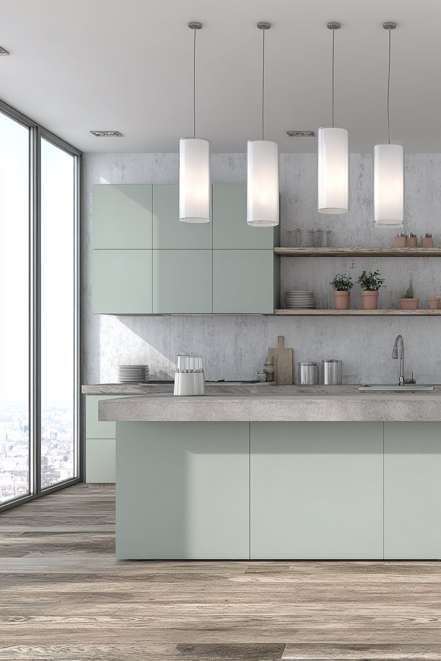 Minimalist Pale Sage Scandinavian Kitchen