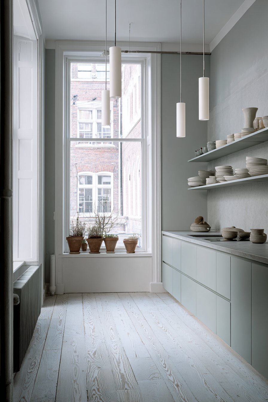 Minimalist Pale Sage Scandinavian Kitchen