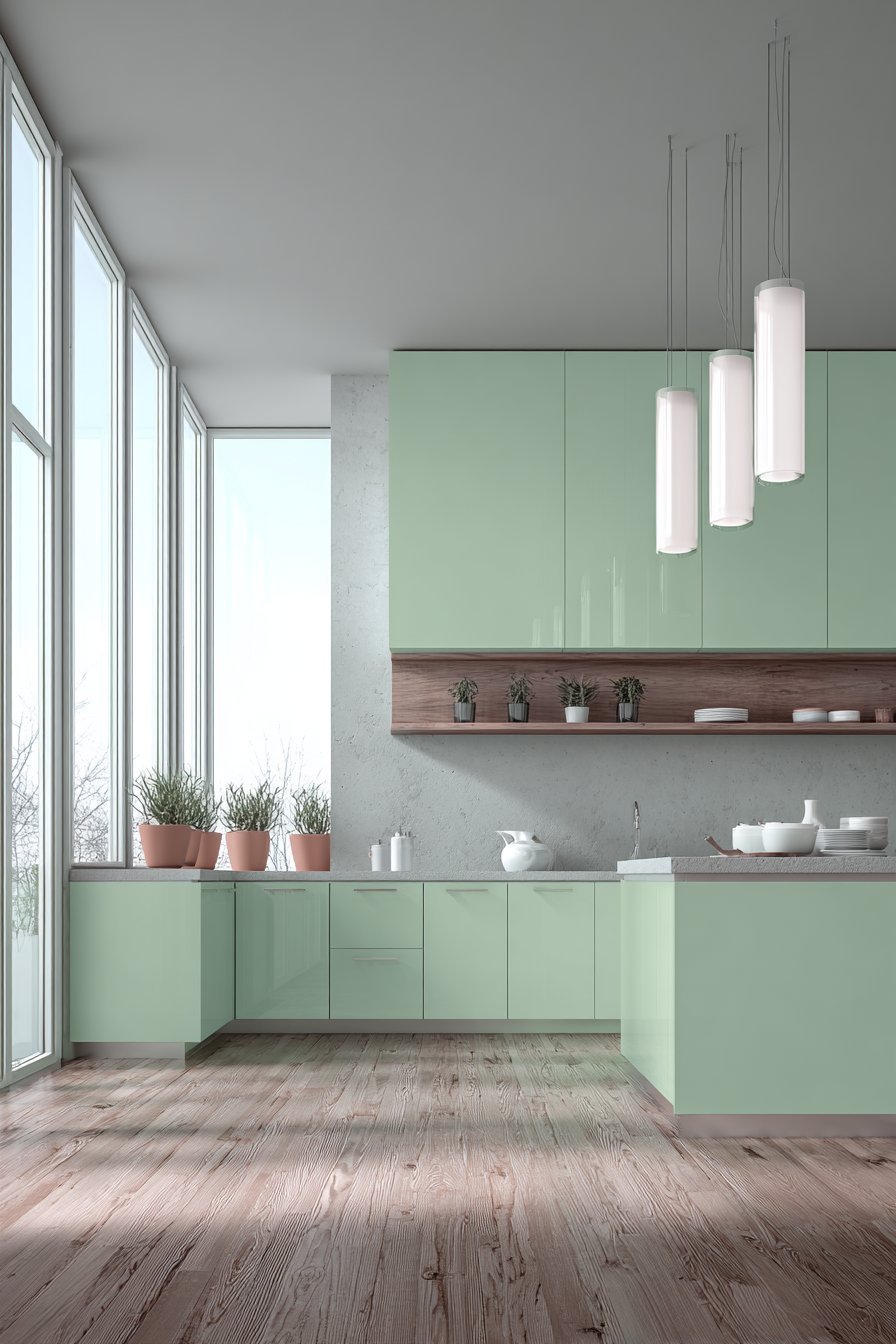 Minimalist Pale Sage Scandinavian Kitchen