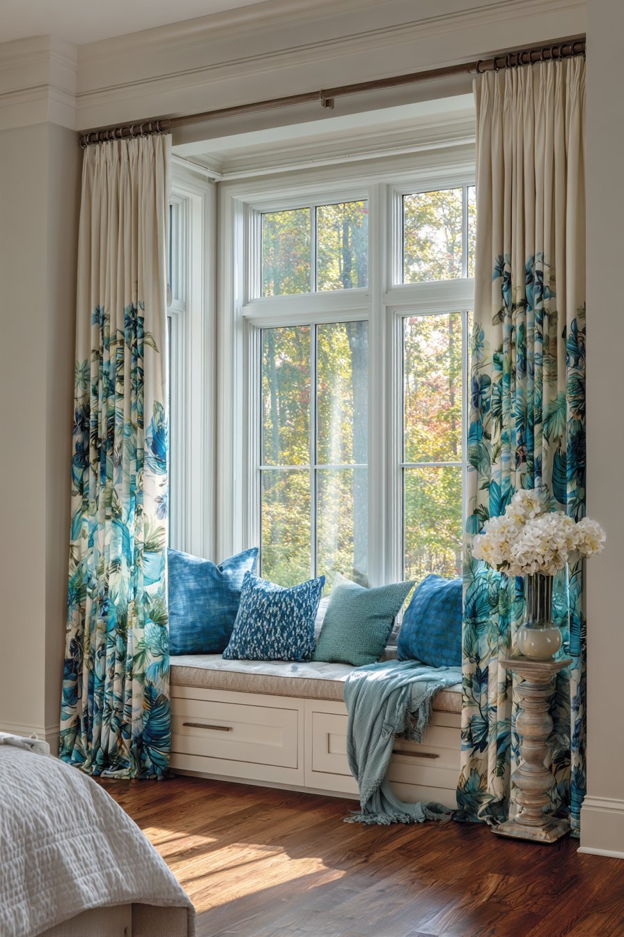 Floor-to-Ceiling Tropical Curtain Drama