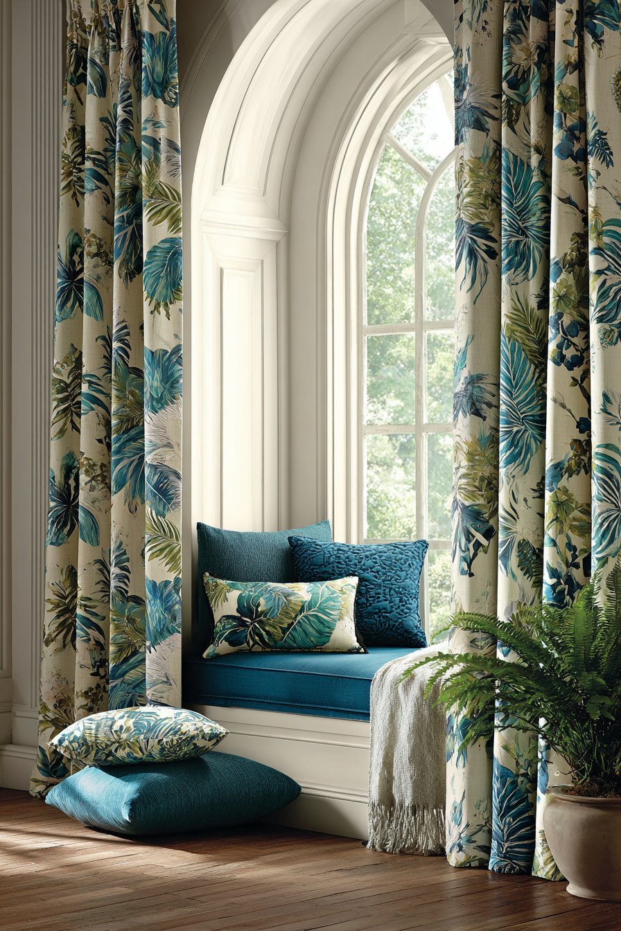 Floor-to-Ceiling Tropical Curtain Drama