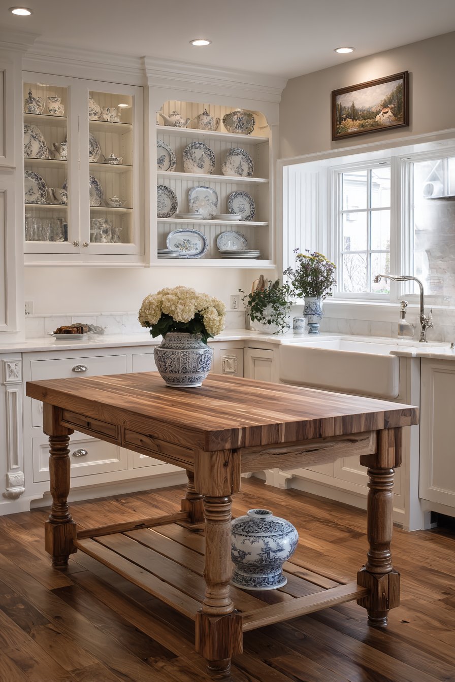 Traditional Kitchen with Butcher Block Island