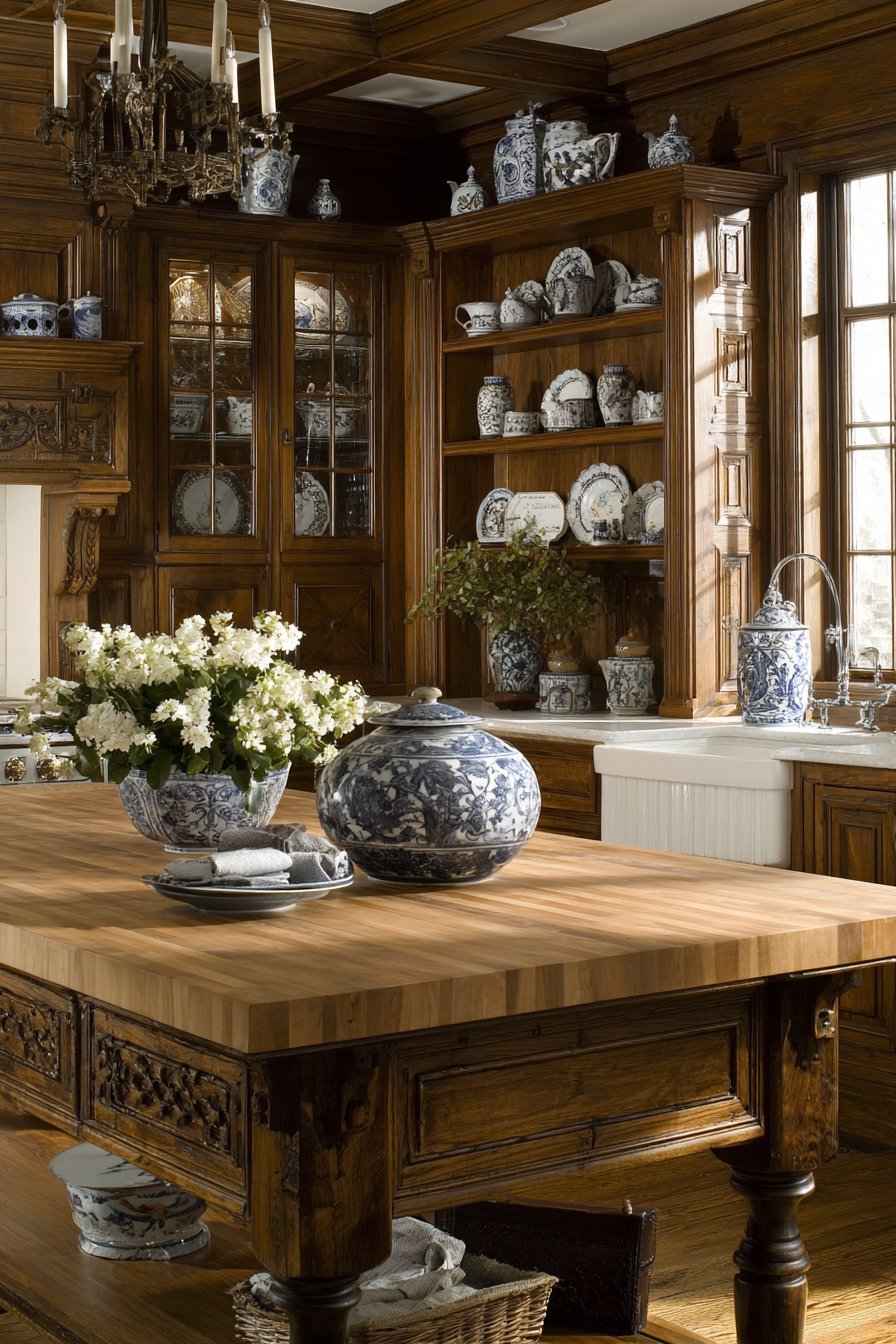 Traditional Kitchen with Butcher Block Island