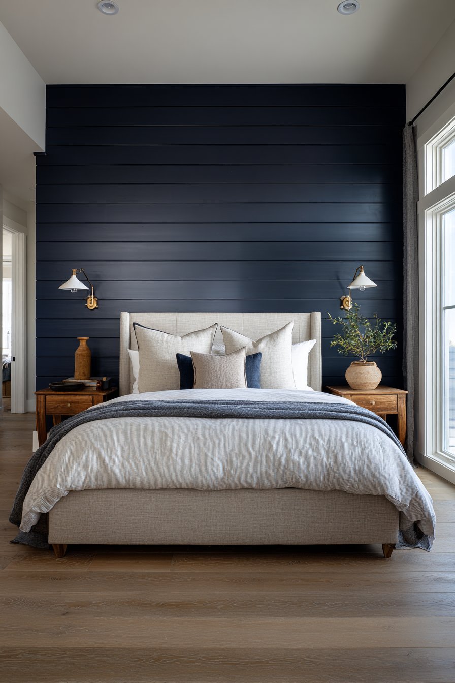 Dramatic Navy Accent Wall with Architectural Paneling