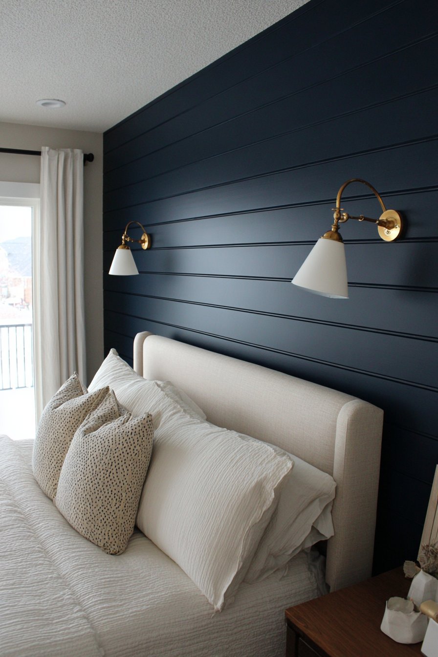 Dramatic Navy Accent Wall with Architectural Paneling