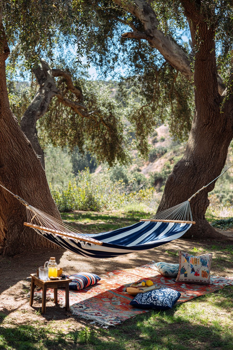 Striped Canvas Hammock Between Trees