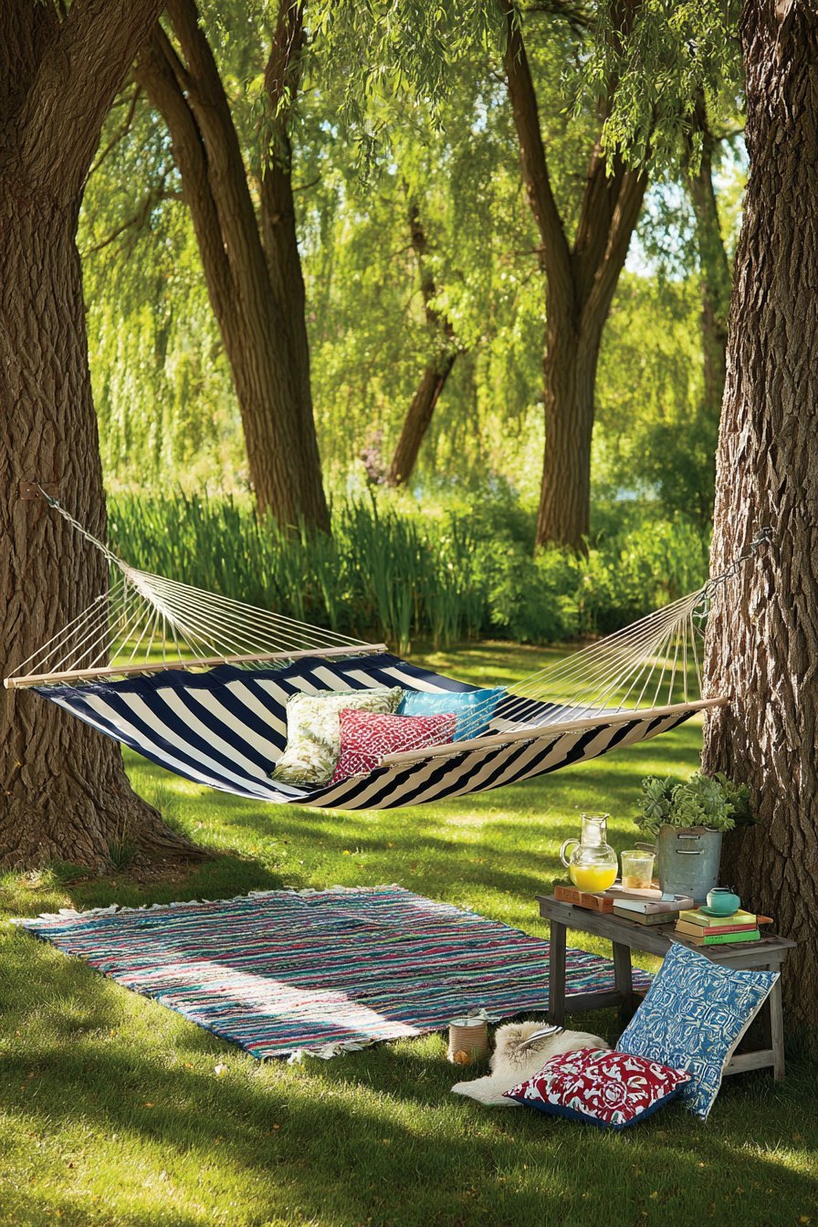Striped Canvas Hammock Between Trees