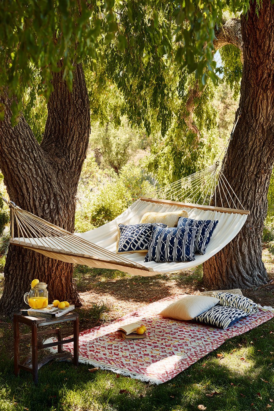 Striped Canvas Hammock Between Trees