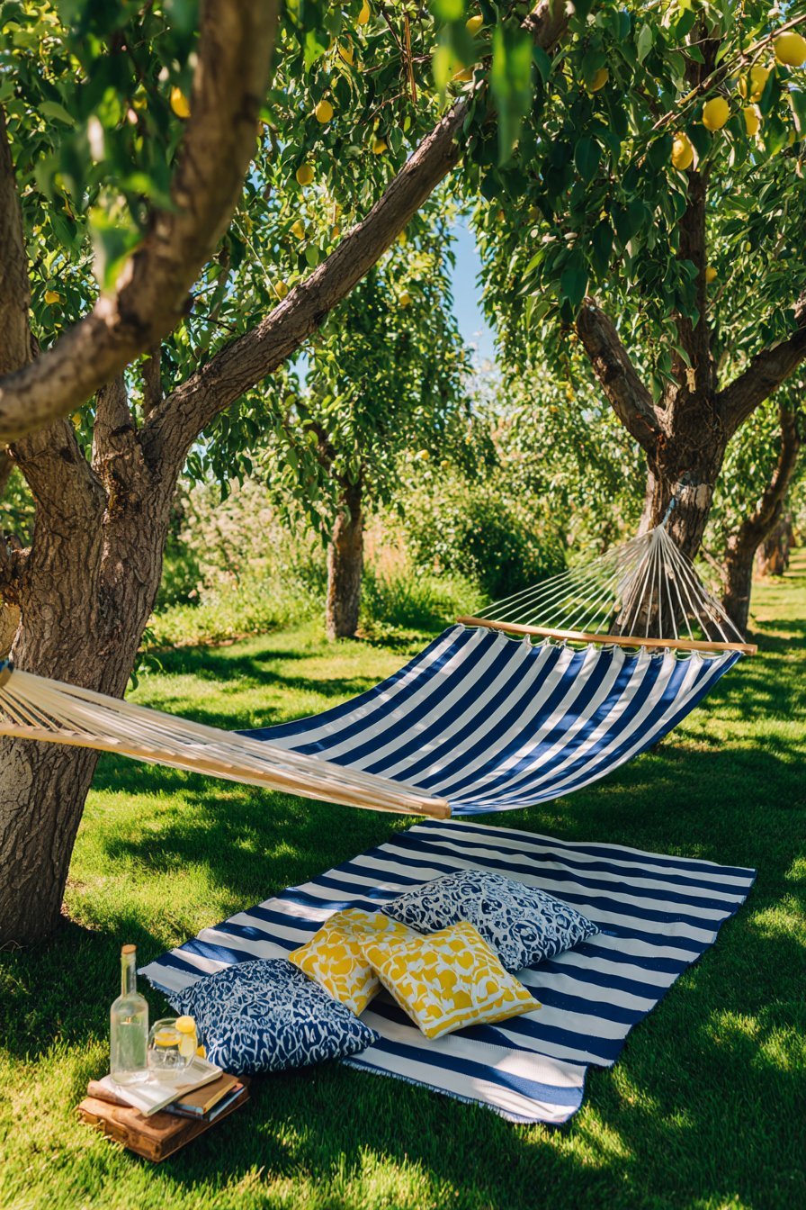 Striped Canvas Hammock Between Trees