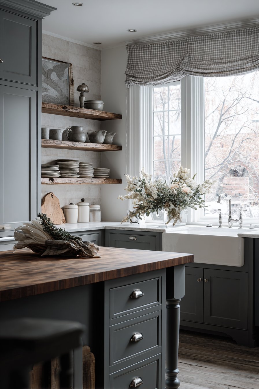 Farmhouse Grey Kitchen with Rustic Warmth