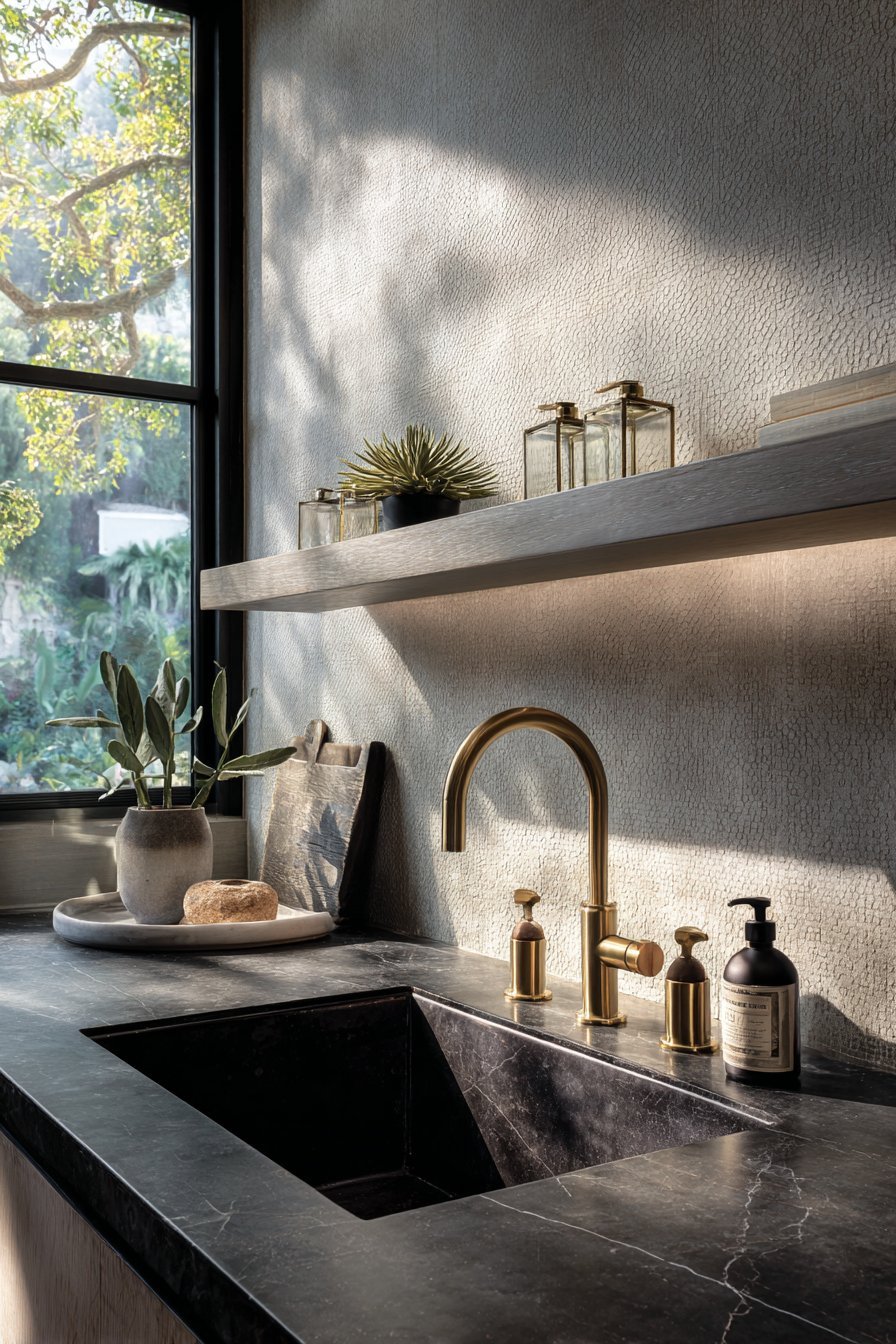 Matte Black Basin with Brass Faucet Sophistication