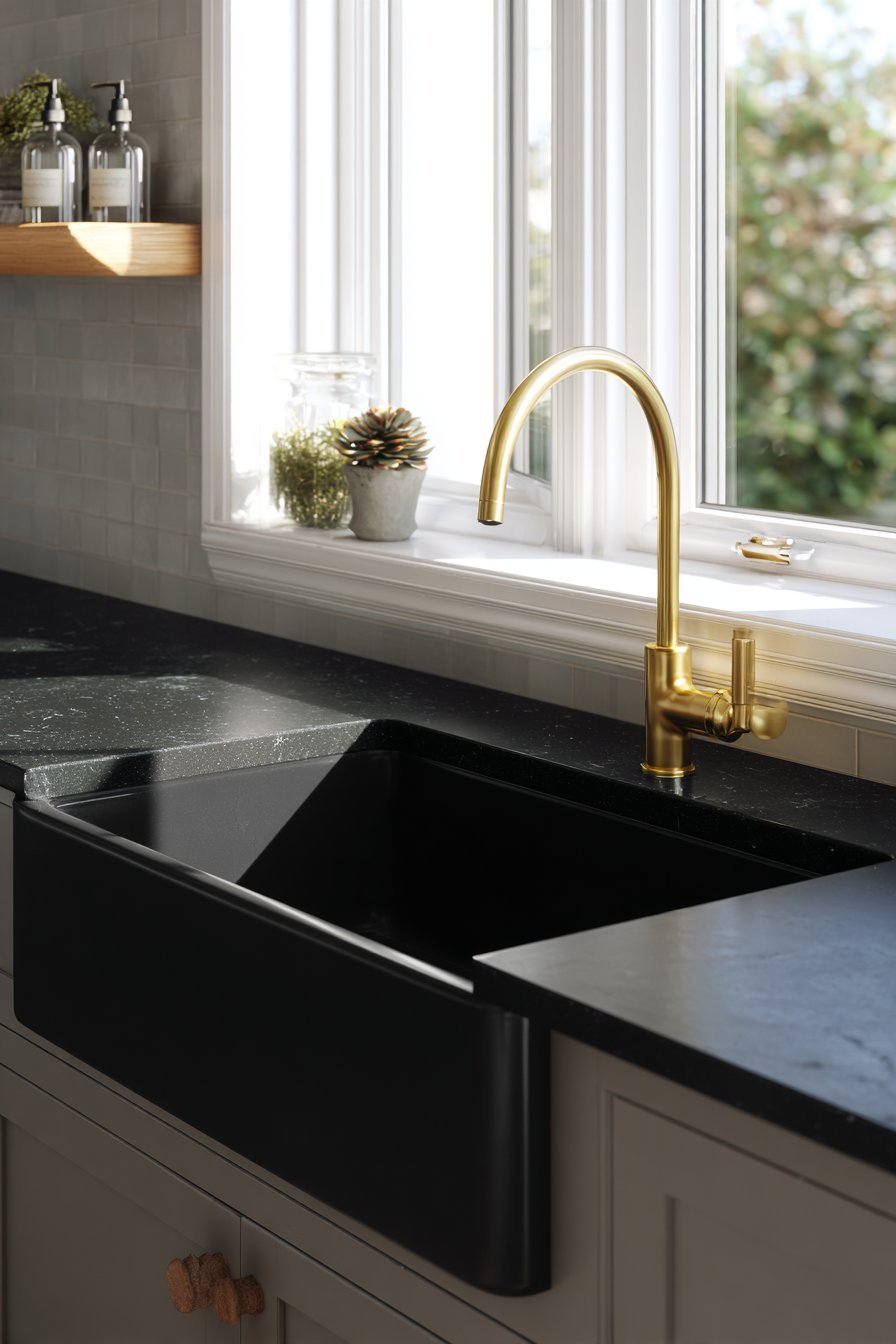 Matte Black Basin with Brass Faucet Sophistication