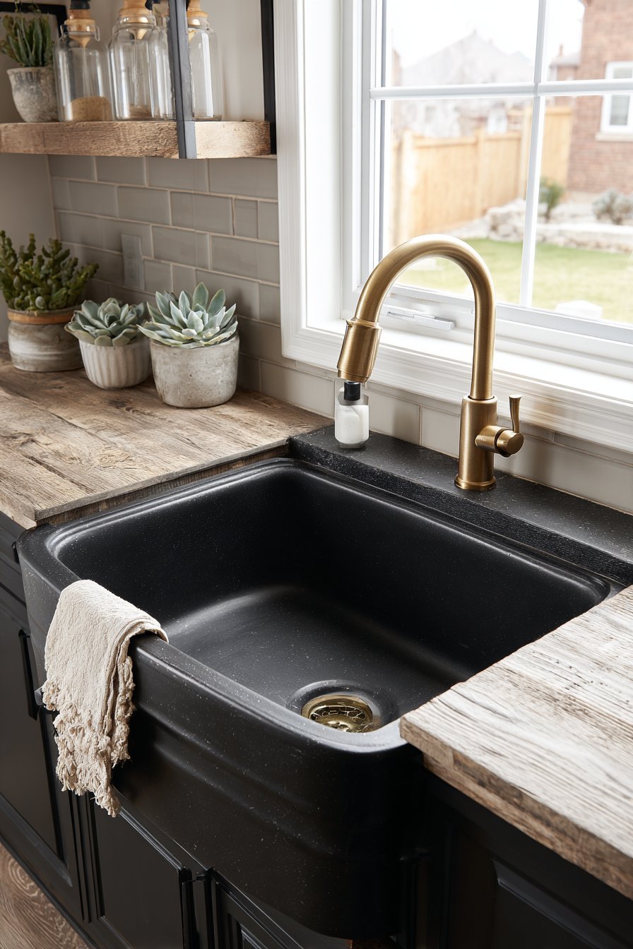 Matte Black Basin with Brass Faucet Sophistication