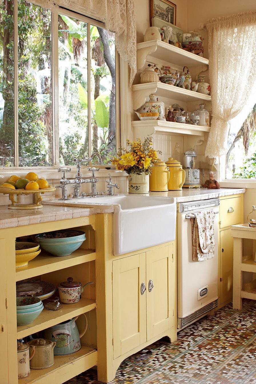 Buttercream Yellow Cottage Kitchen with Yellowware