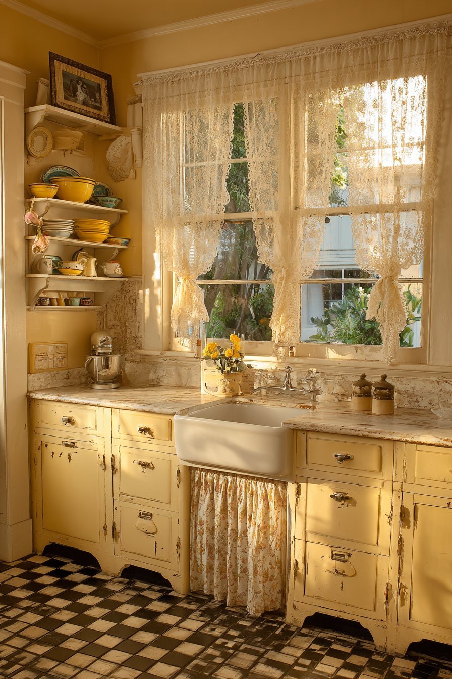 Buttercream Yellow Cottage Kitchen with Yellowware
