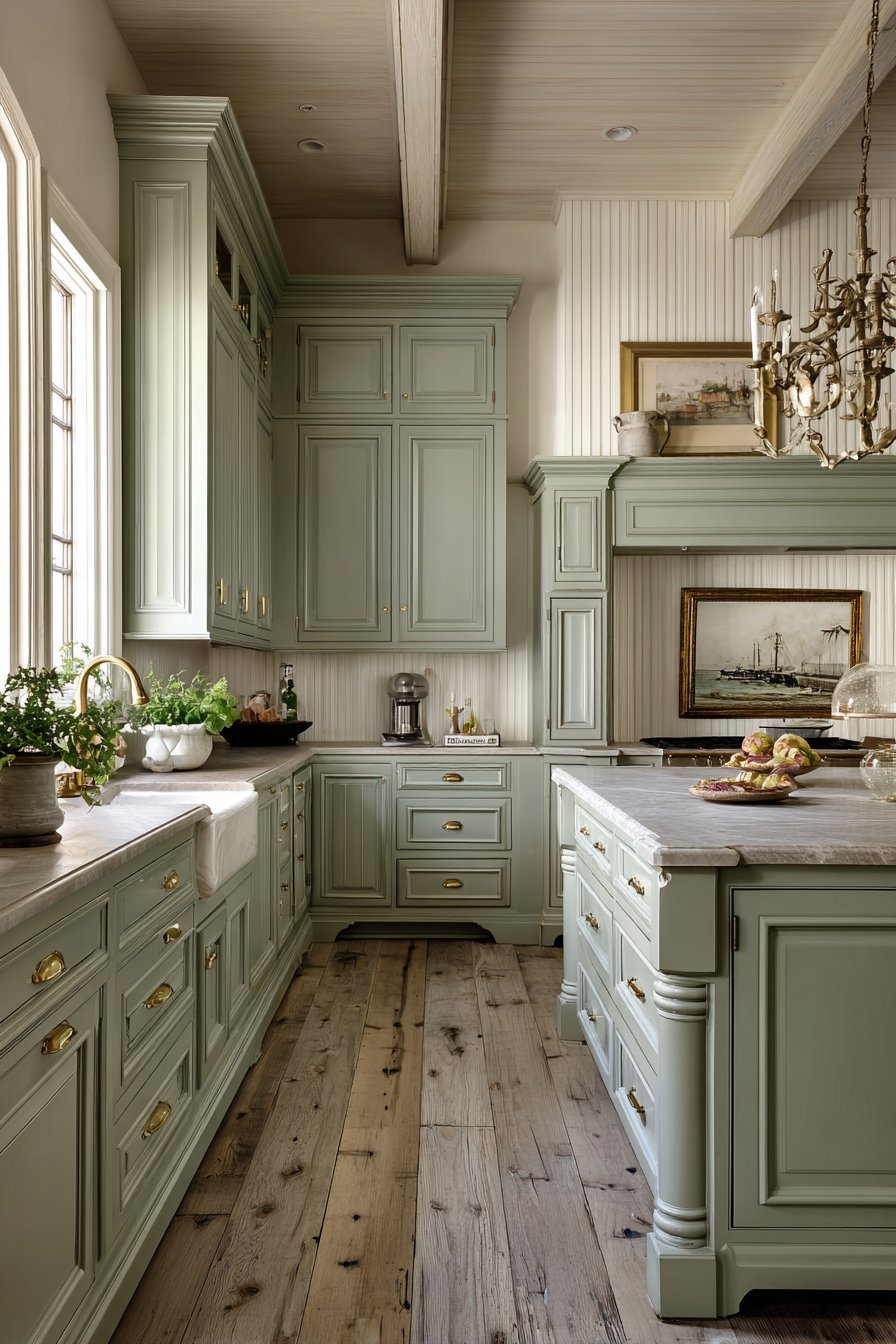 Traditional Moss Green Kitchen with Soapstone