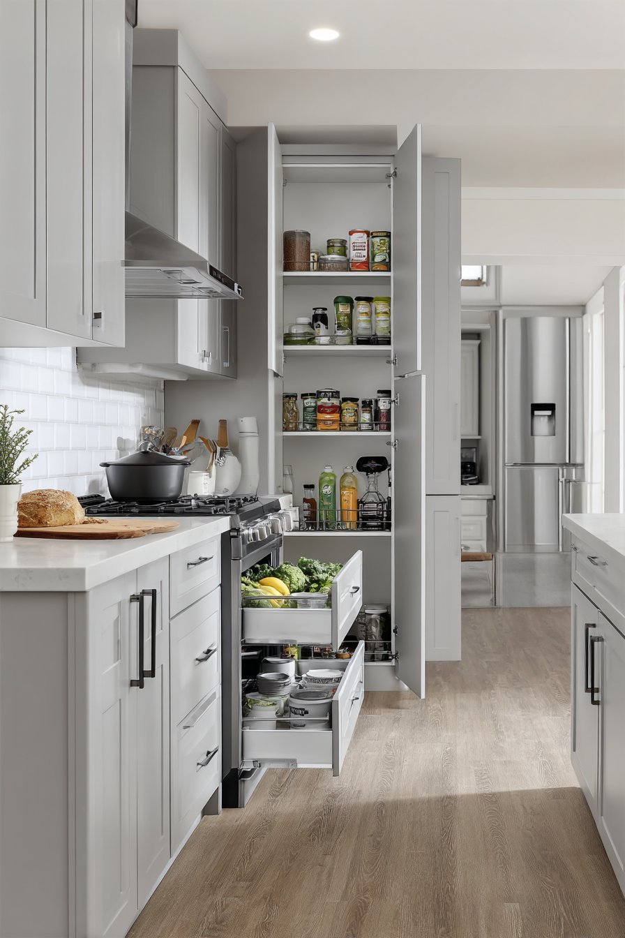 Small Grey Kitchen with Vertical Storage