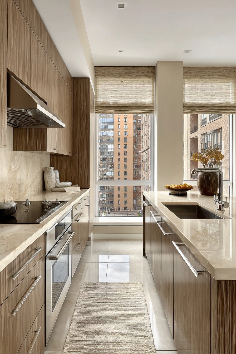 Galley Layout with Ash Wood Efficiency