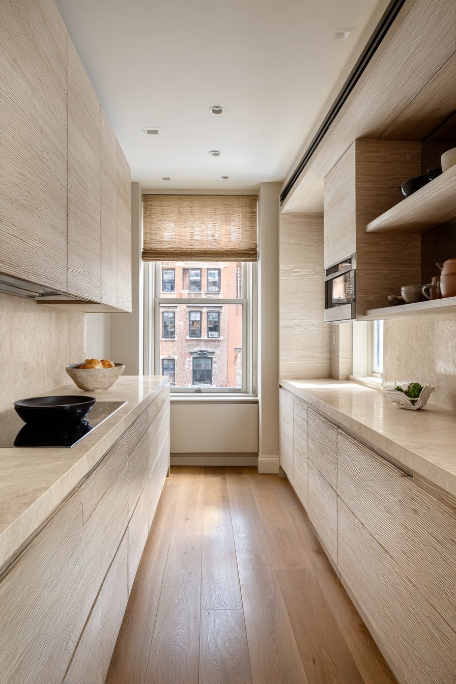 Galley Layout with Ash Wood Efficiency