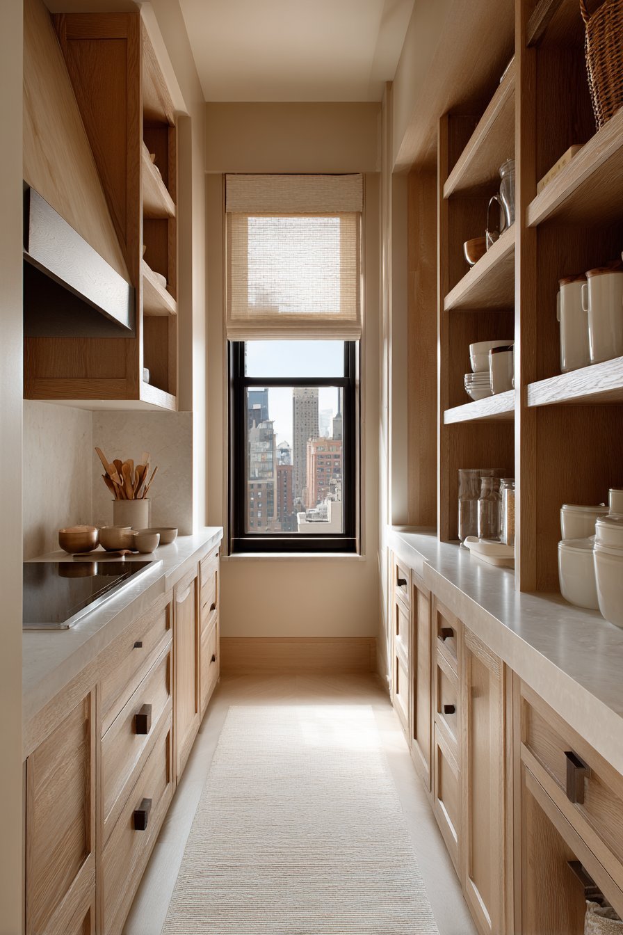 Galley Layout with Ash Wood Efficiency