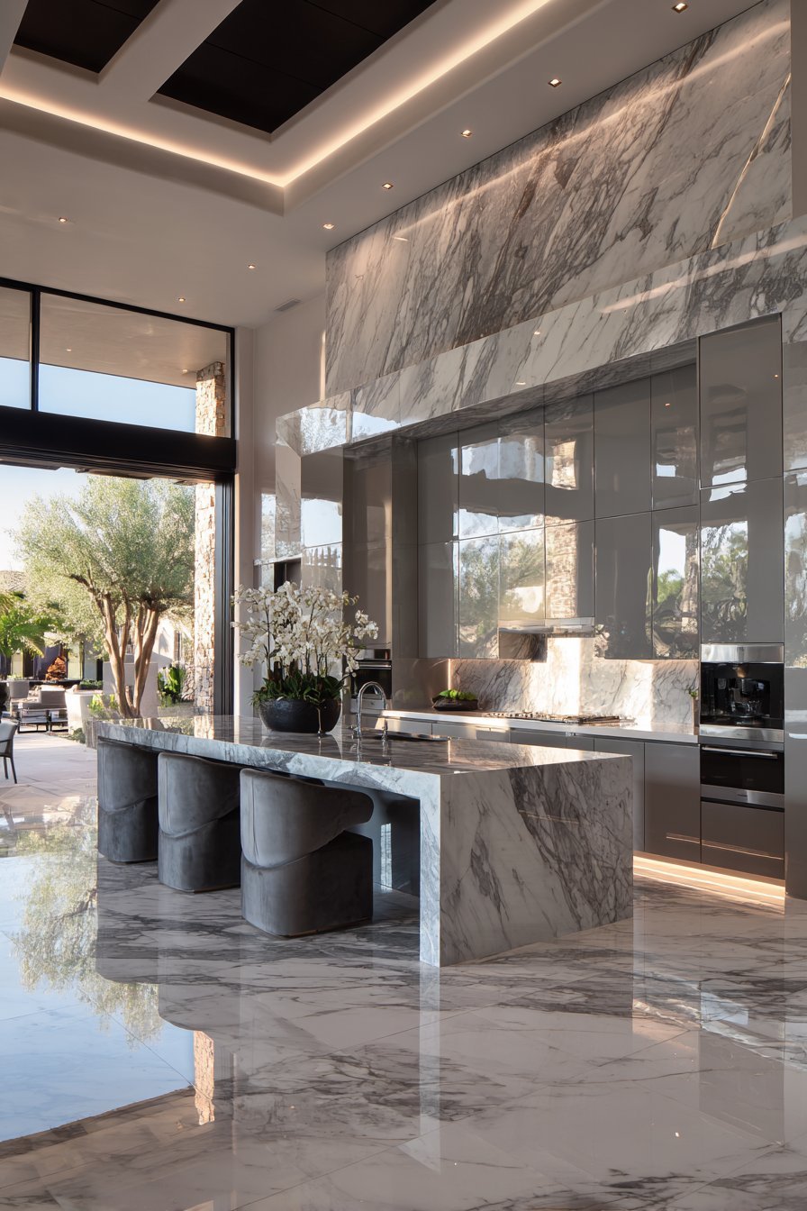 High-Gloss Grey with Marble-Look Porcelain