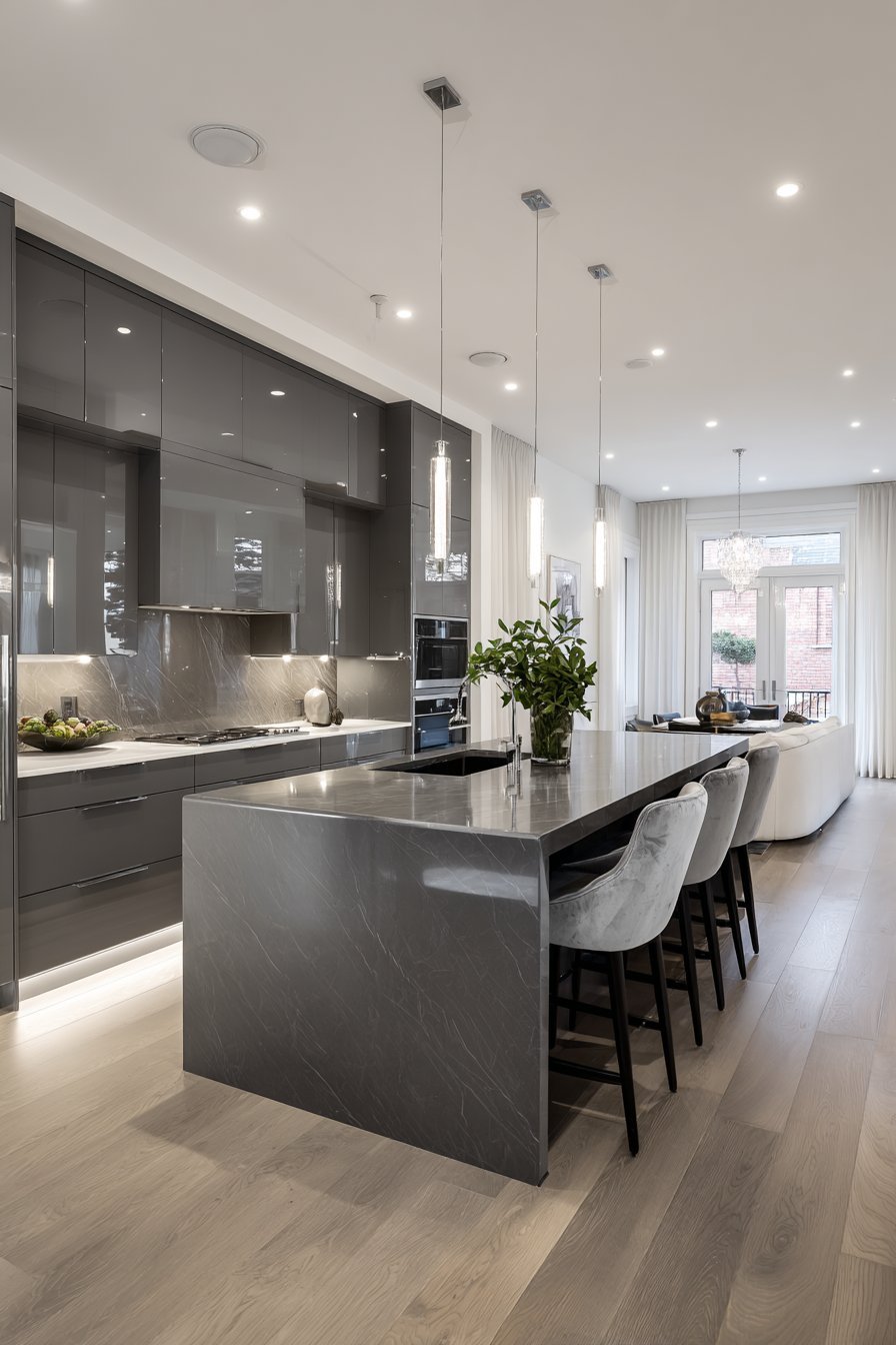 High-Gloss Grey with Marble-Look Porcelain