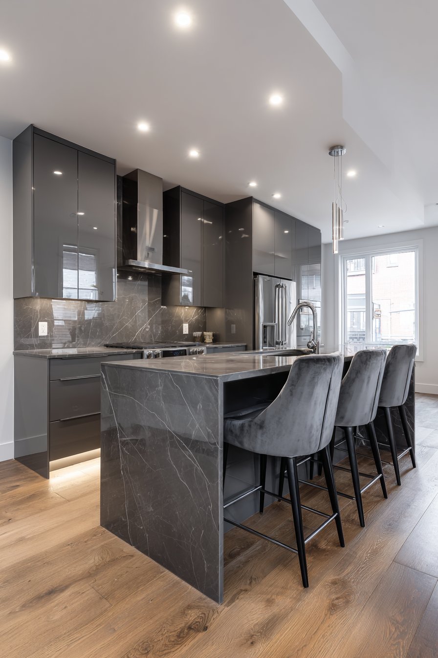 High-Gloss Grey with Marble-Look Porcelain